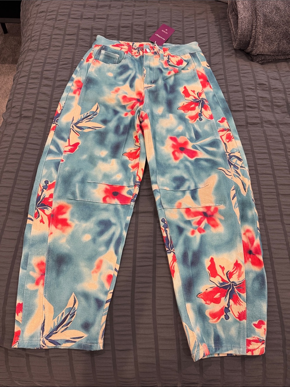 Floral Print Blue & Coral Barrel Pants
